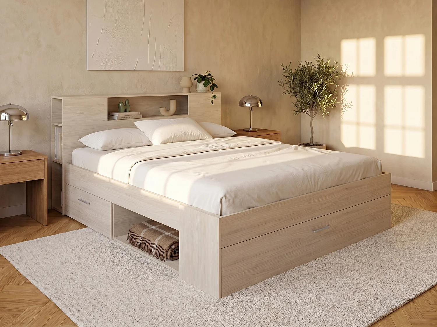 Bett mit Kopfteil, Stauraum & Schubladen - 160 x 200 cm - Naturfarben - LEANDRE