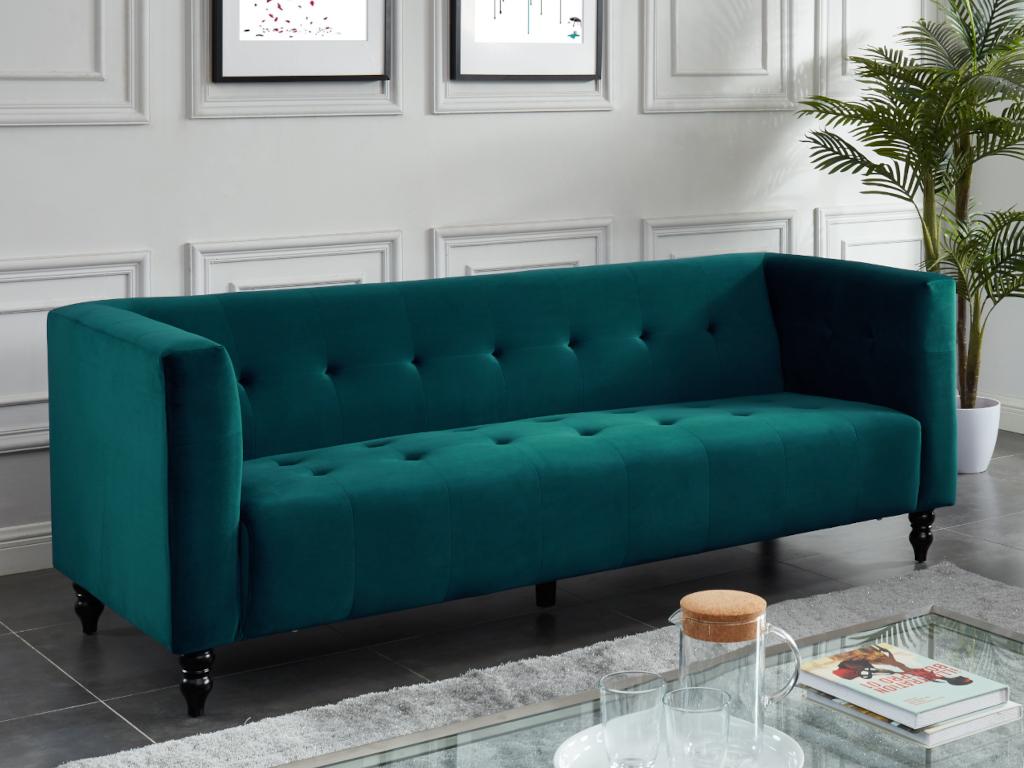 Sofá de 3 plazas de terciopelo verde azulado charme vintage y elegante