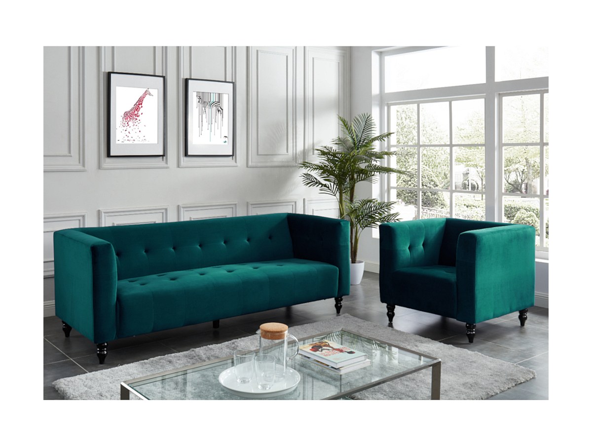 Sofá de 3 plazas de terciopelo verde azulado charme vintage y elegante