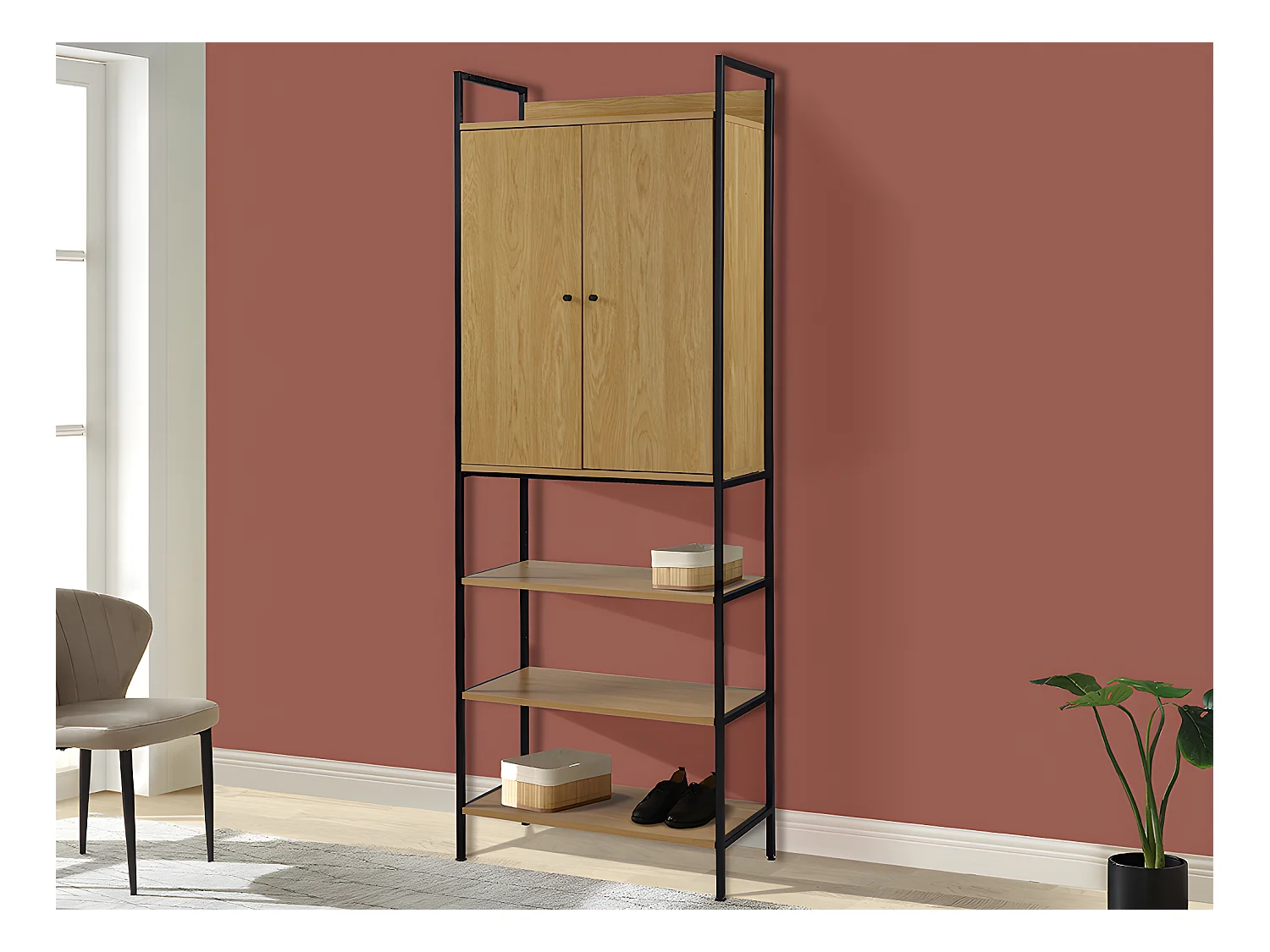 Garderobe mit 2 Türen, 3 Regale & 1 Garderobe - Eichefarben & Schwarz - TAPORA