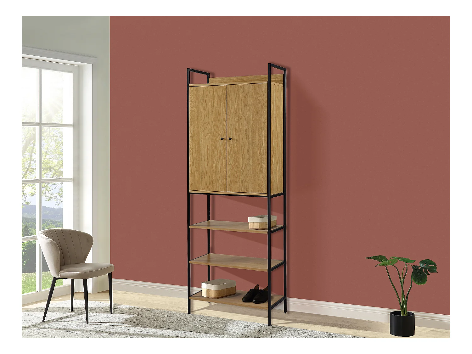 Vestiaire TAPORA - 2 portes, 3 étagères et 1 penderie - Coloris : Chêne et noir