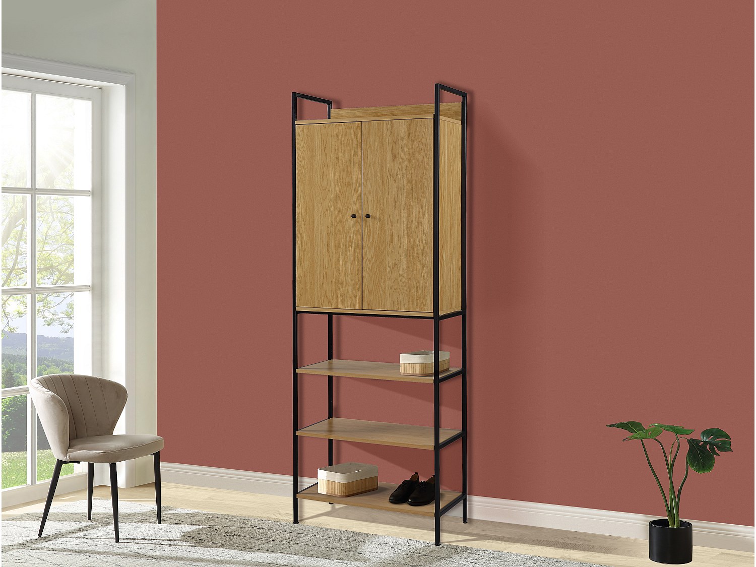 Garderobe TAPORA - 2 dører, 3 hyller og 1 garderobestang - Farger: Eik og svart