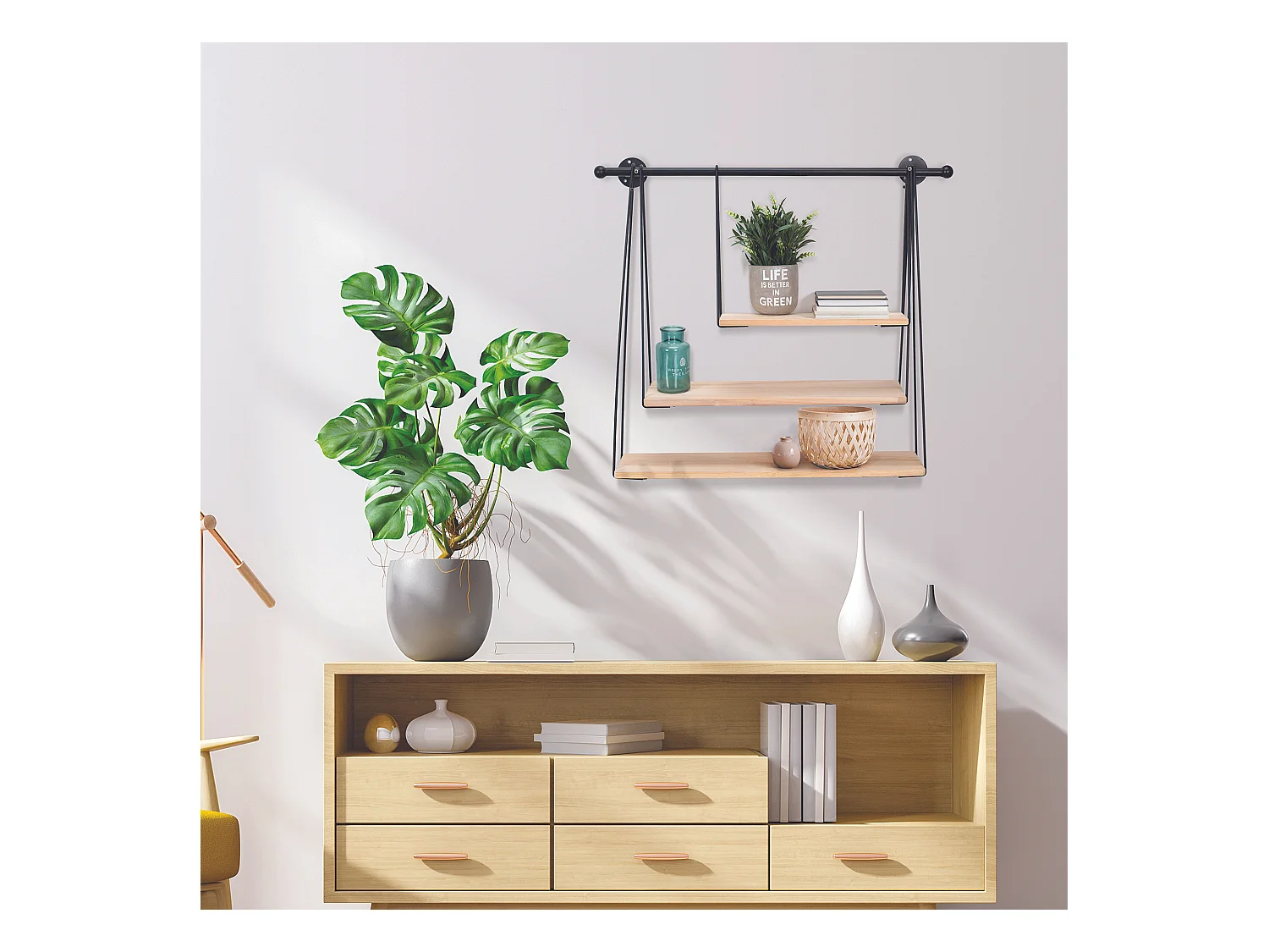 Etagere Filaire Murale Balancelle 67.5x62cm Noir, Marron