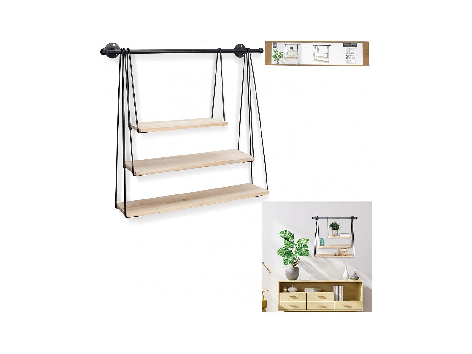 Etagere Filaire Murale Balancelle 67.5x62cm Noir, Marron