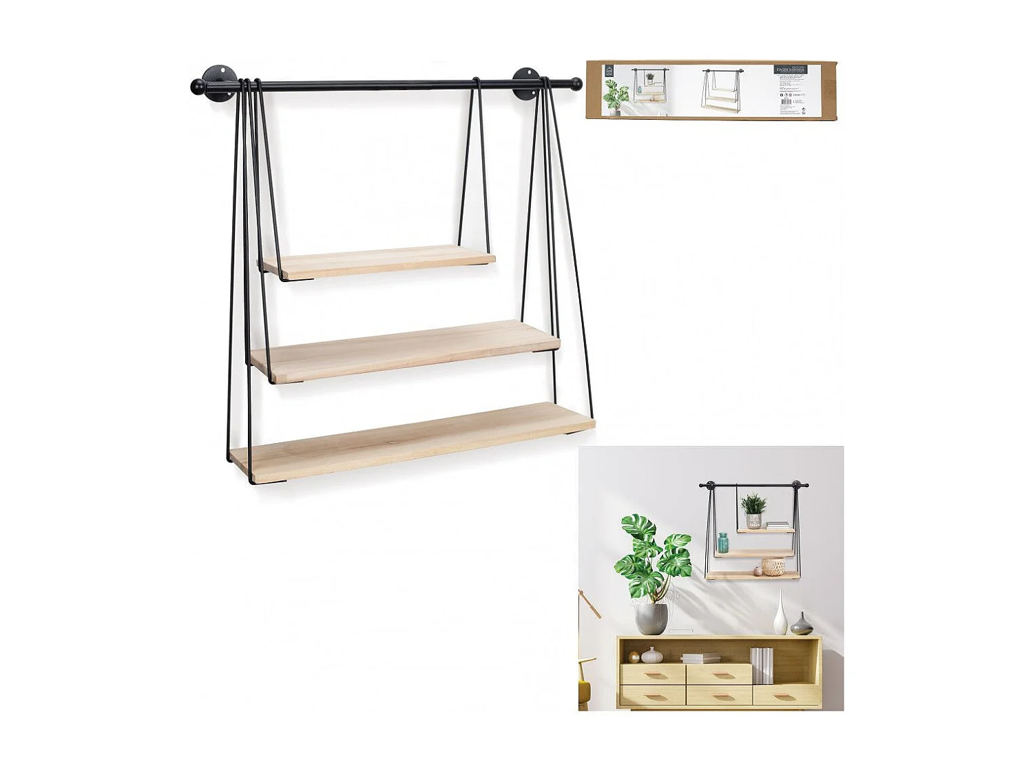 Etagere Filaire Murale Balancelle 67.5x62cm Noir, Marron