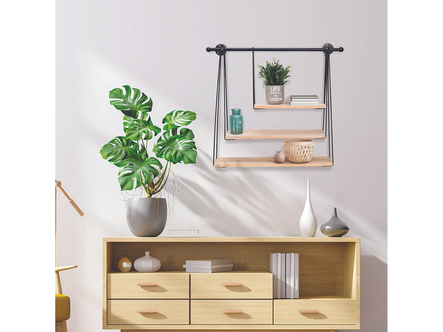 Etagere Filaire Murale Balancelle 67.5x62cm Noir, Marron