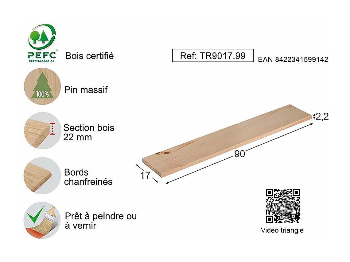 Etagère tablette murale en pin brut 90 x 17 cm
