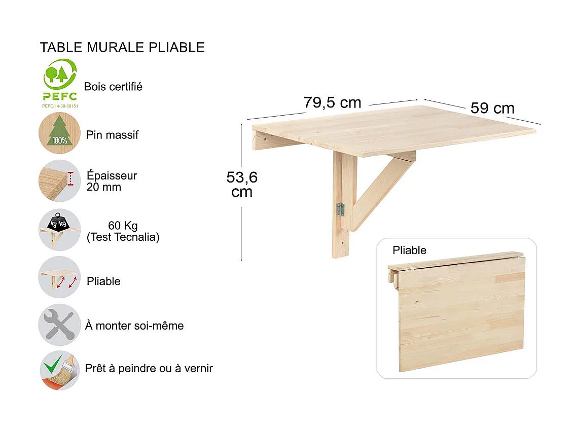 Etagère murale pliable en pin massif