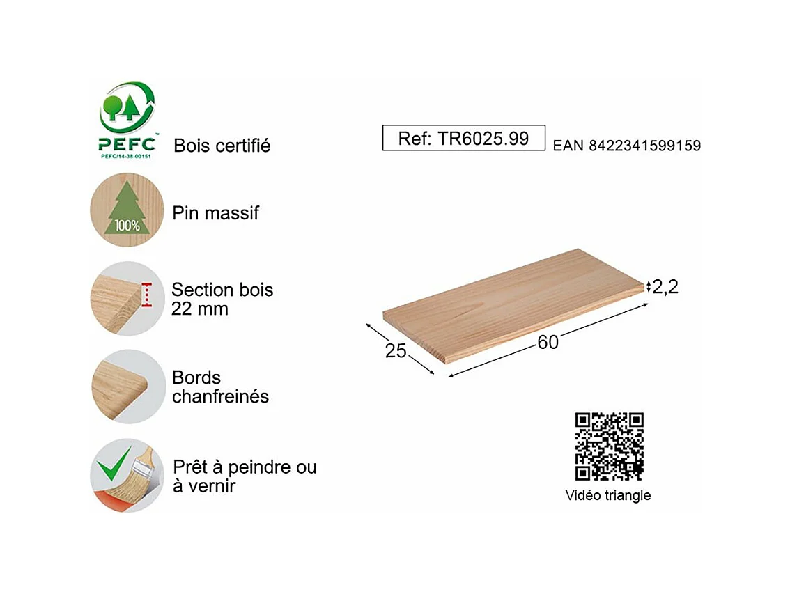 Etagère tablette murale en pin brut 60 x 25 cm