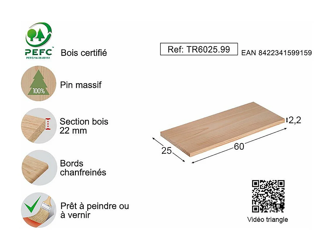 Etagère tablette murale en pin brut 60 x 25 cm