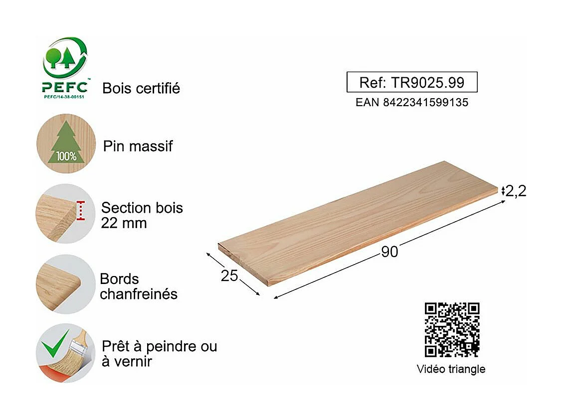 Etagère tablette murale en pin brut 90 x 25 cm