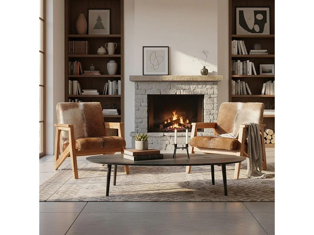 Table basse ovale en métal texturé noir