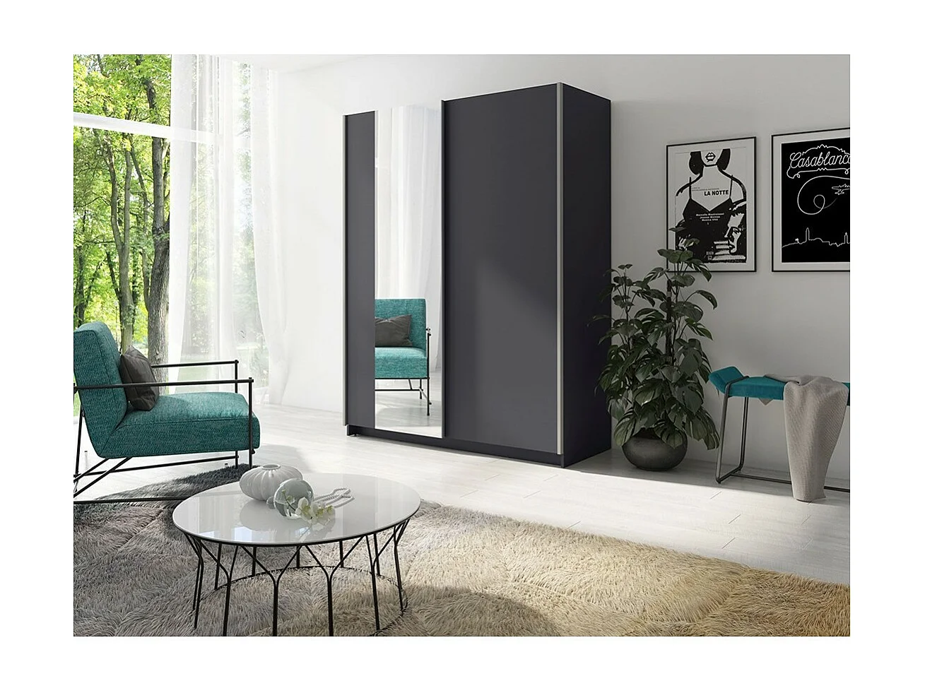 Armoire 2 portes coulissantes avec miroir - Collection GOZU - Coloris gris graphite - 150 x 198 x 62 cm