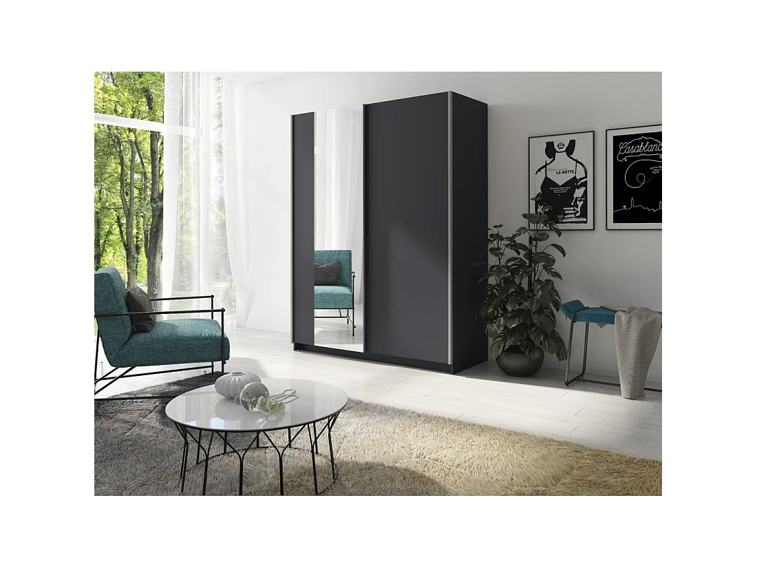Armario de 2 puertas correderas con espejo - Colección GOZU - Color gris grafito - 150 x 198 x 62 cm