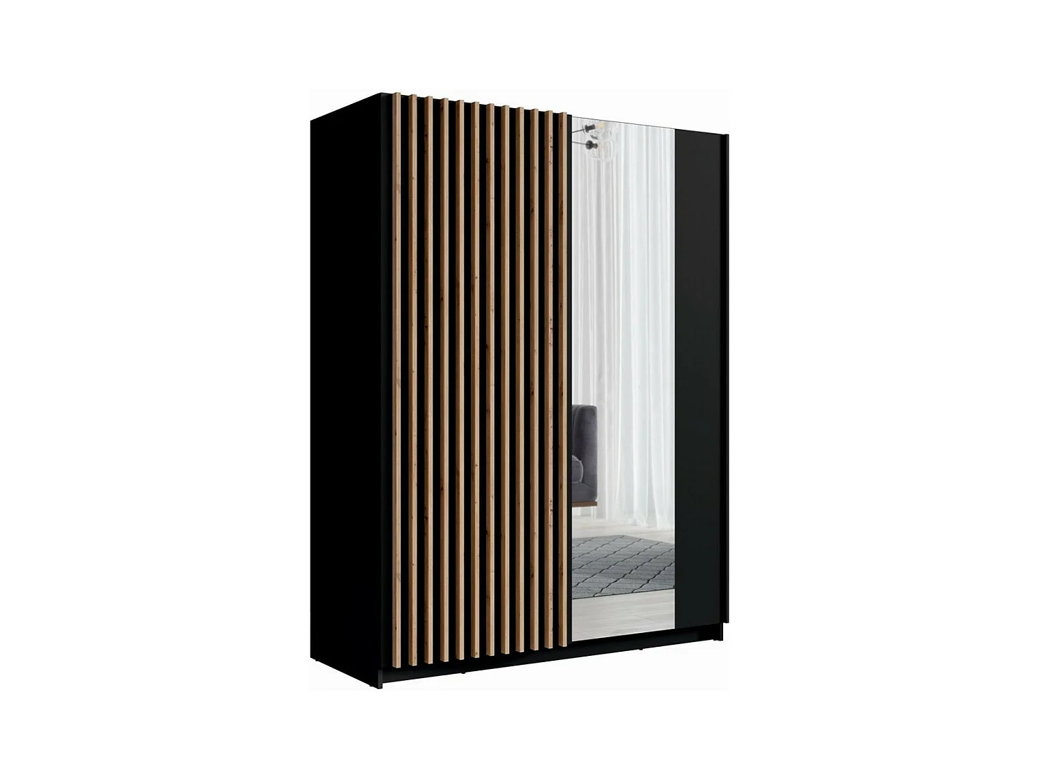 Armoire 2 portes coulissantes avec miroir 150 cm - noir et chêne - Collection STRANO