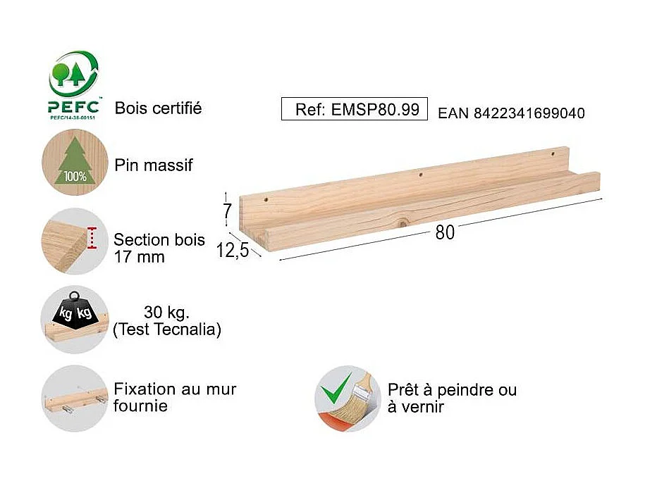 Étagère en pin Kit Line 80 cm