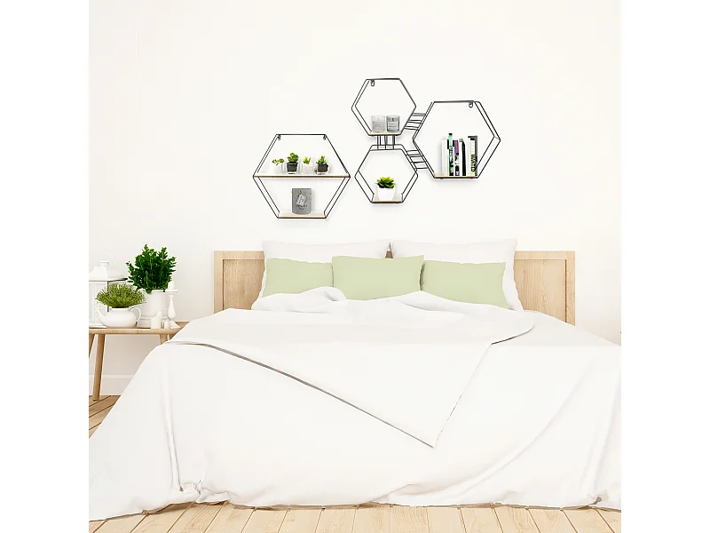 Etagere Bois Metal Hexagonale 46x10x40cm Beige, Noir