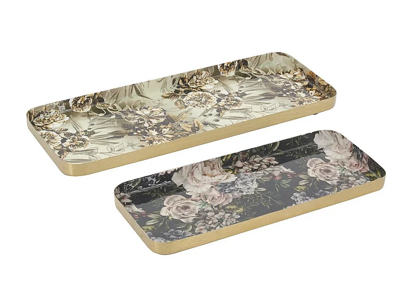 Plateaux rectangulaires en métal Fleurs retro (lot de 2)