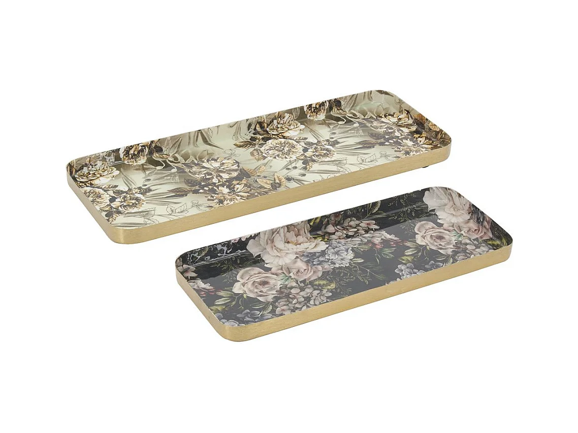 Plateaux rectangulaires en métal Fleurs retro (lot de 2)