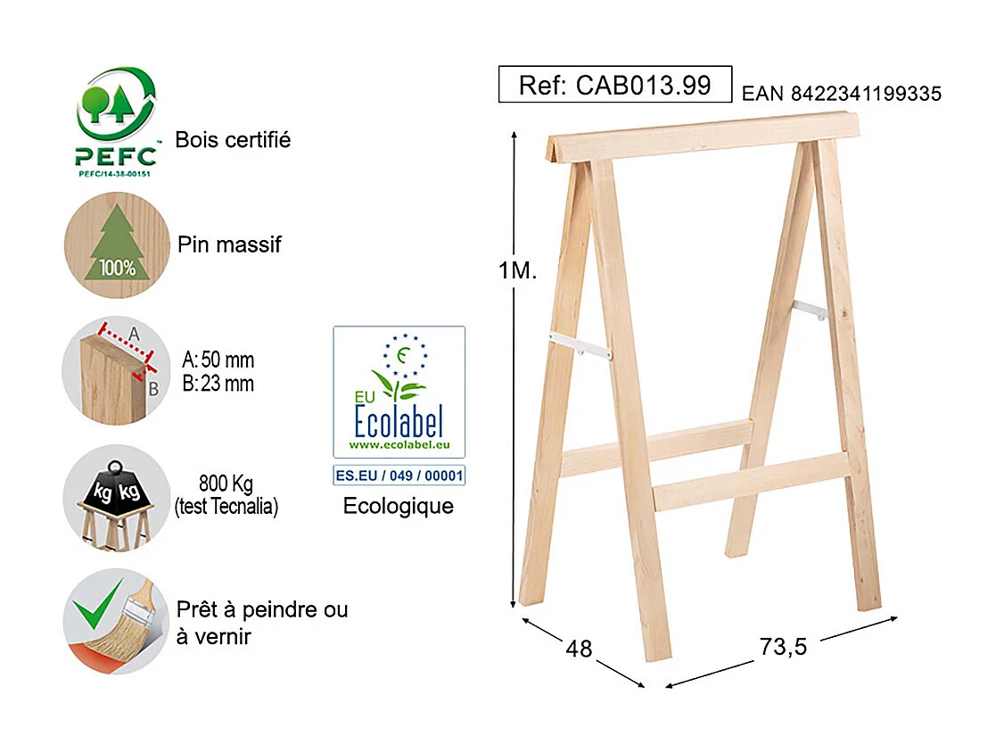 Tréteau en pin 1m de hauteur section 50x23 mm (Lot de 2)