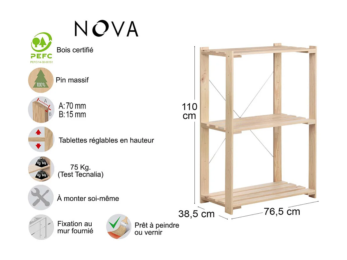 Etagère en pin massif Nova 76.5 x 38.5 x 110 cm