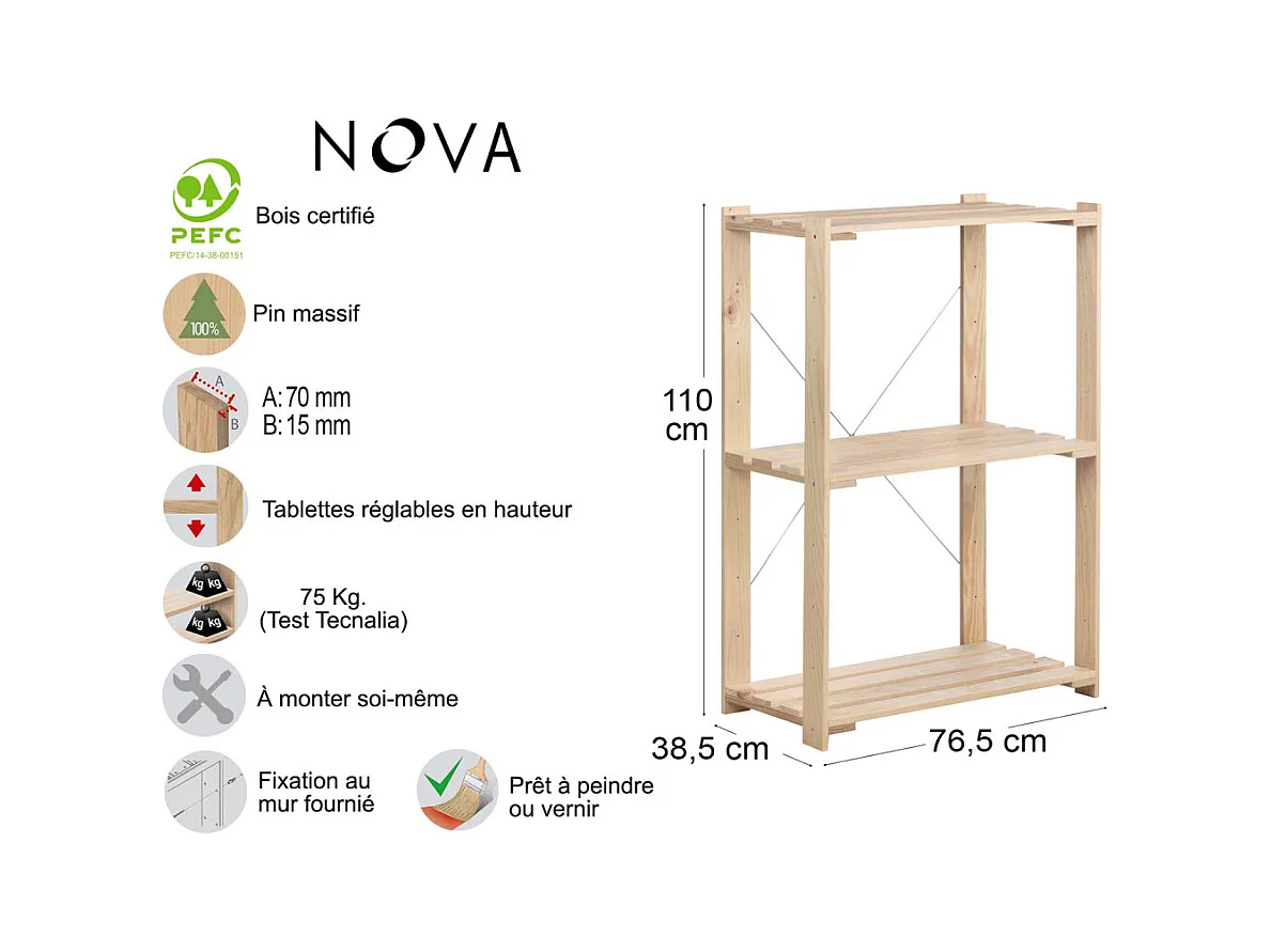 Etagère en pin massif Nova 76.5 x 38.5 x 110 cm