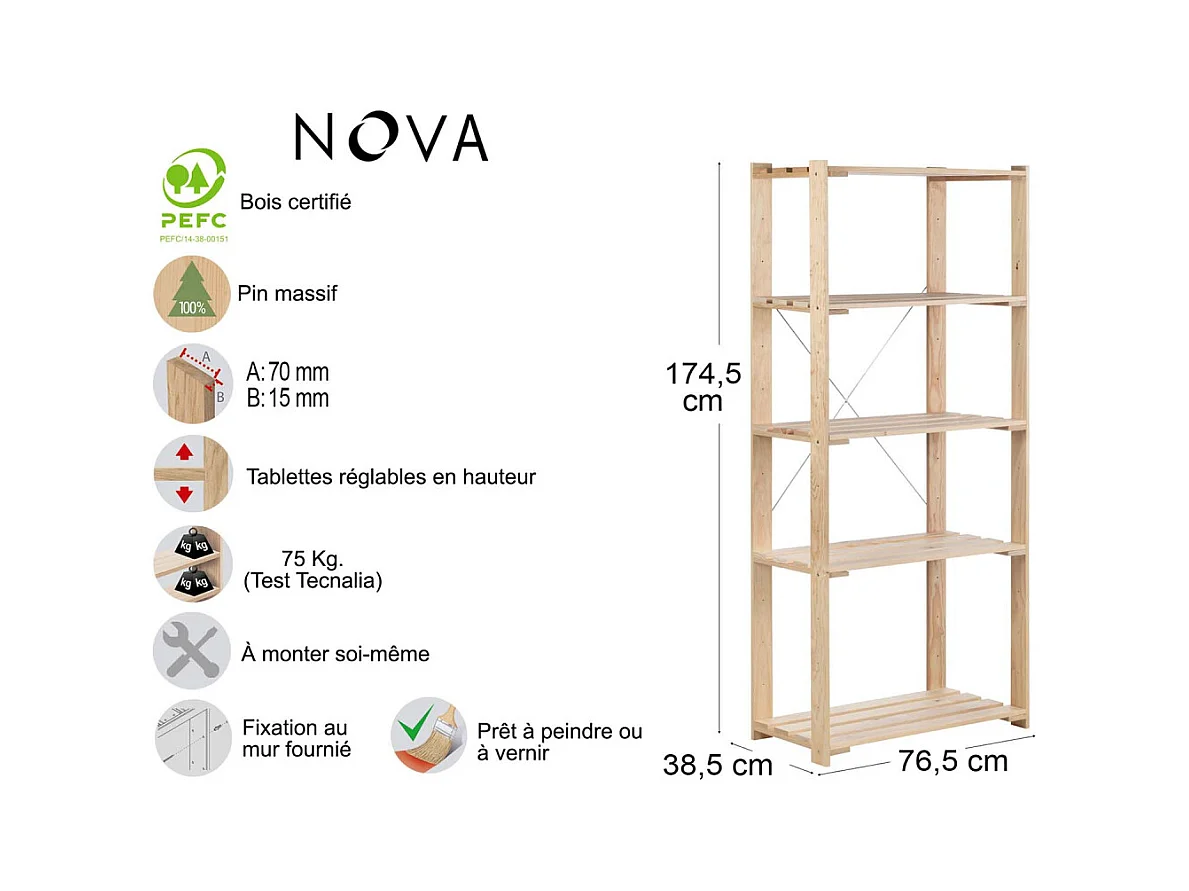 Etagère en pin massif Nova 76.5 x 38.5 x 174.5 cm