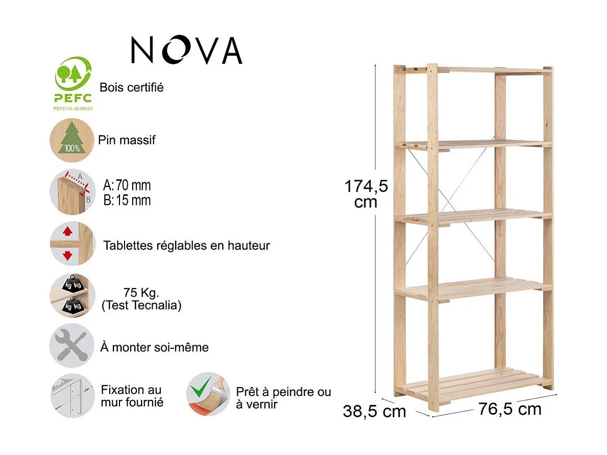 Etagère en pin massif Nova 76.5 x 38.5 x 174.5 cm