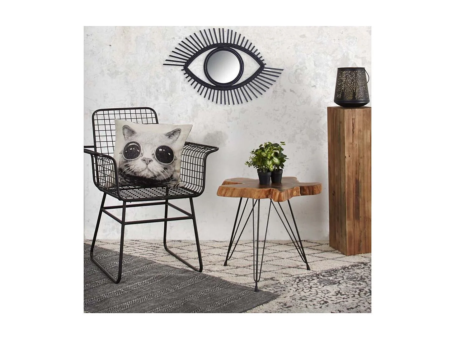 Miroir Œil en rotin teinté noir