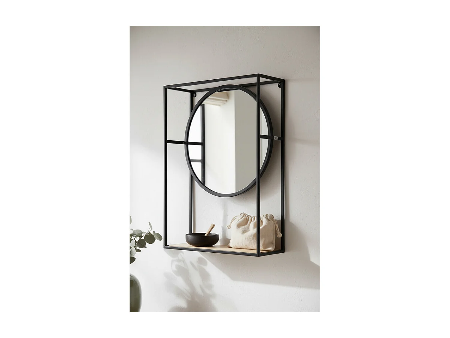 Miroir étagère en métal, verre et bois