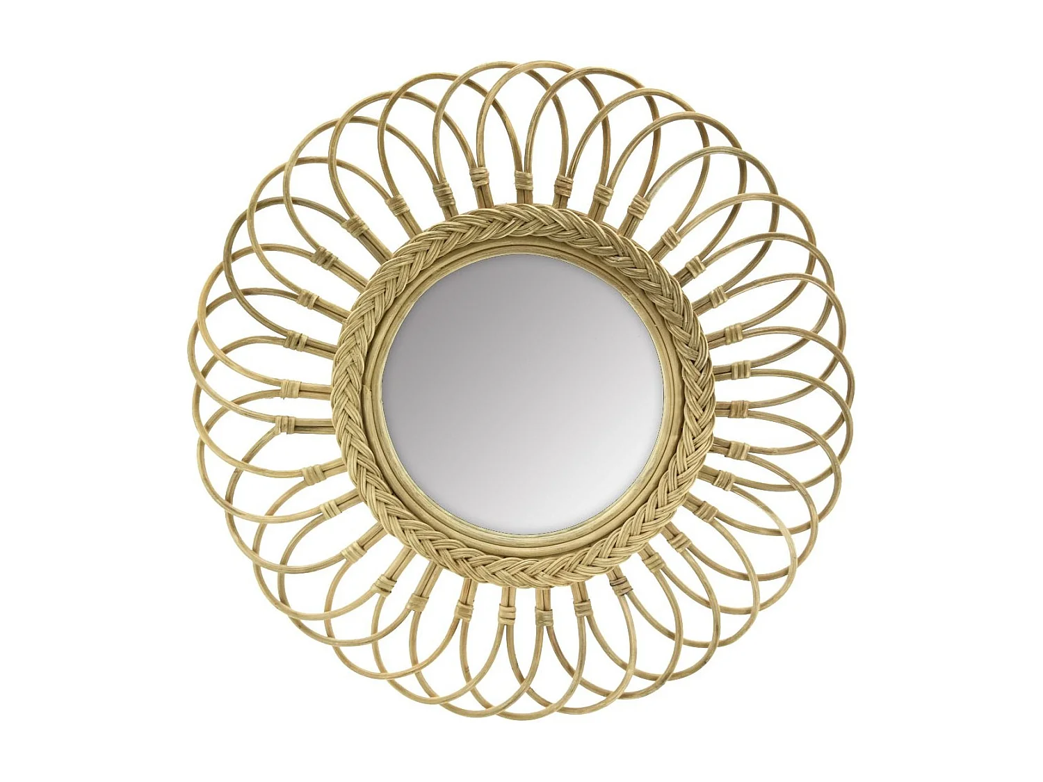 Miroir marguerite en moelle de rotin 60 cm