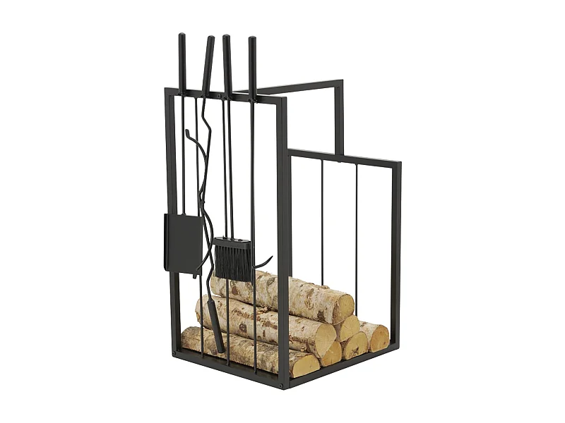Porte-bûches en métal noir + 4 accessoires