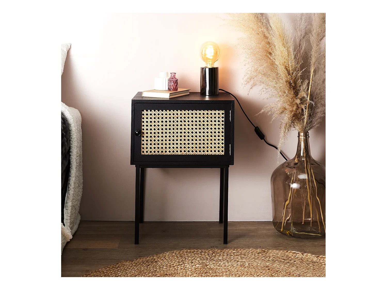 Chevet Cannage 1 Porte Noir Marron, Noir