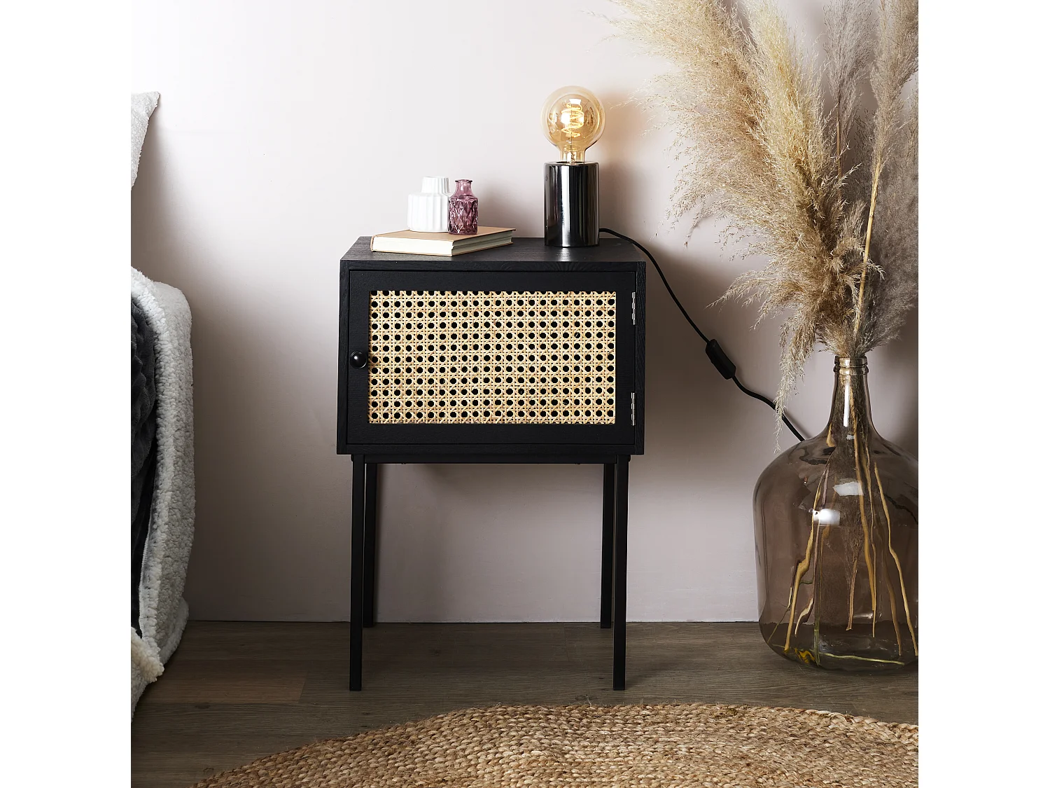 Chevet Cannage 1 Porte Noir Marron, Noir