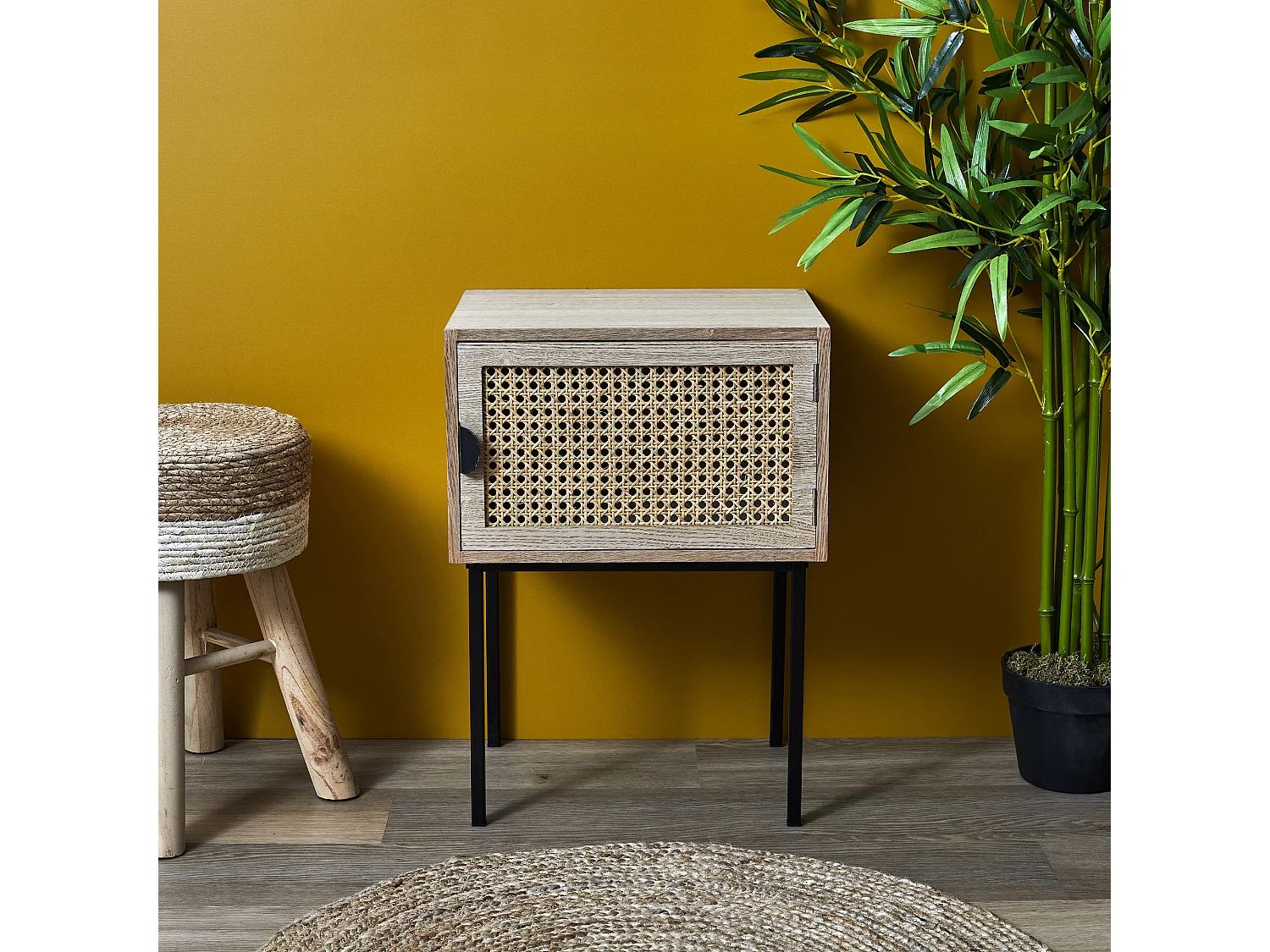 Chevet Cannage 1 Porte Bois Marron