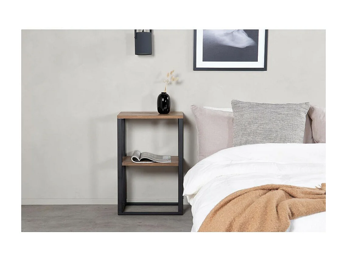 Nachttisch aus Stahl und MDF in Teakholzoptik Rise