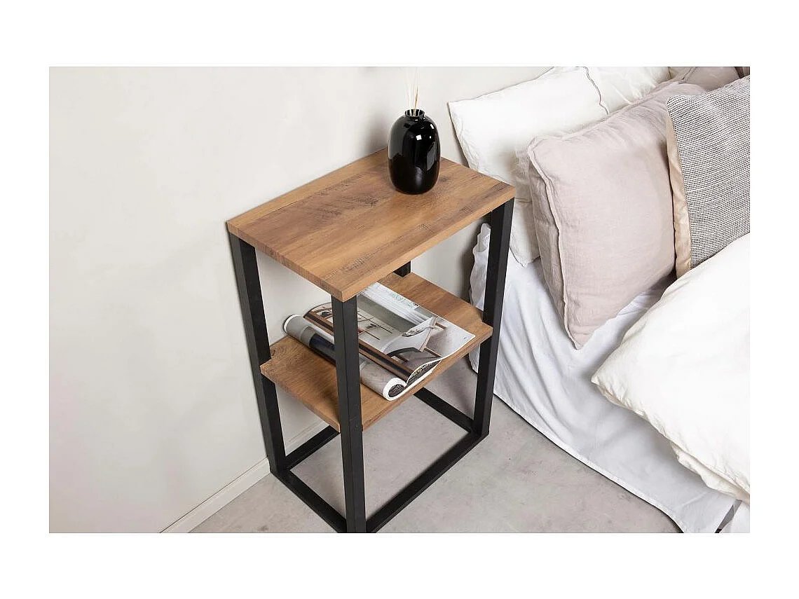 Nachttisch aus Stahl und MDF in Teakholzoptik Rise
