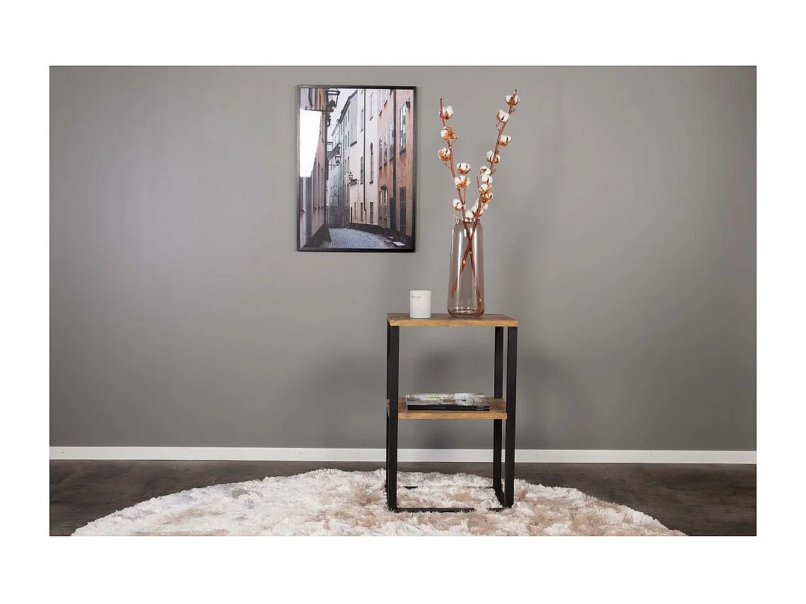 Nachttisch aus Stahl und MDF in Teakholzoptik Rise