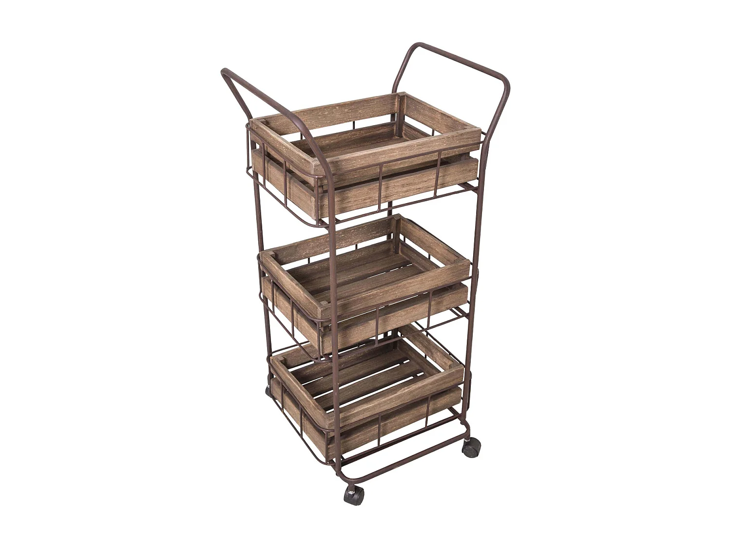 Desserte sur roulettes en fer 3 caisses en bois