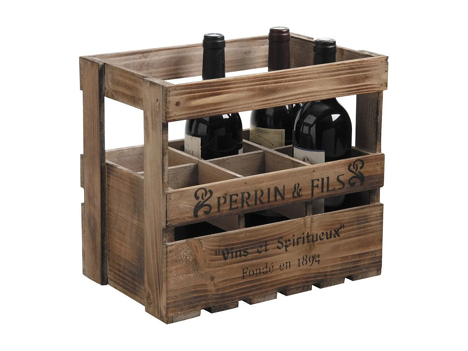 Caisse en bois vieilli 6 bouteilles Perrin et Fils