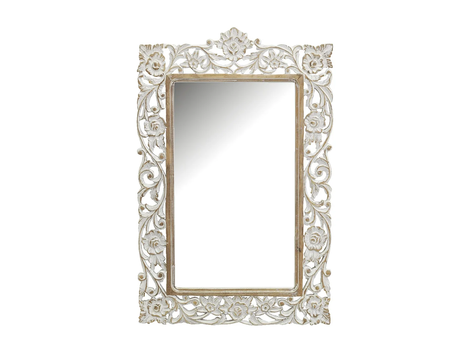 Specchio intagliato in legno di mango sbiancato