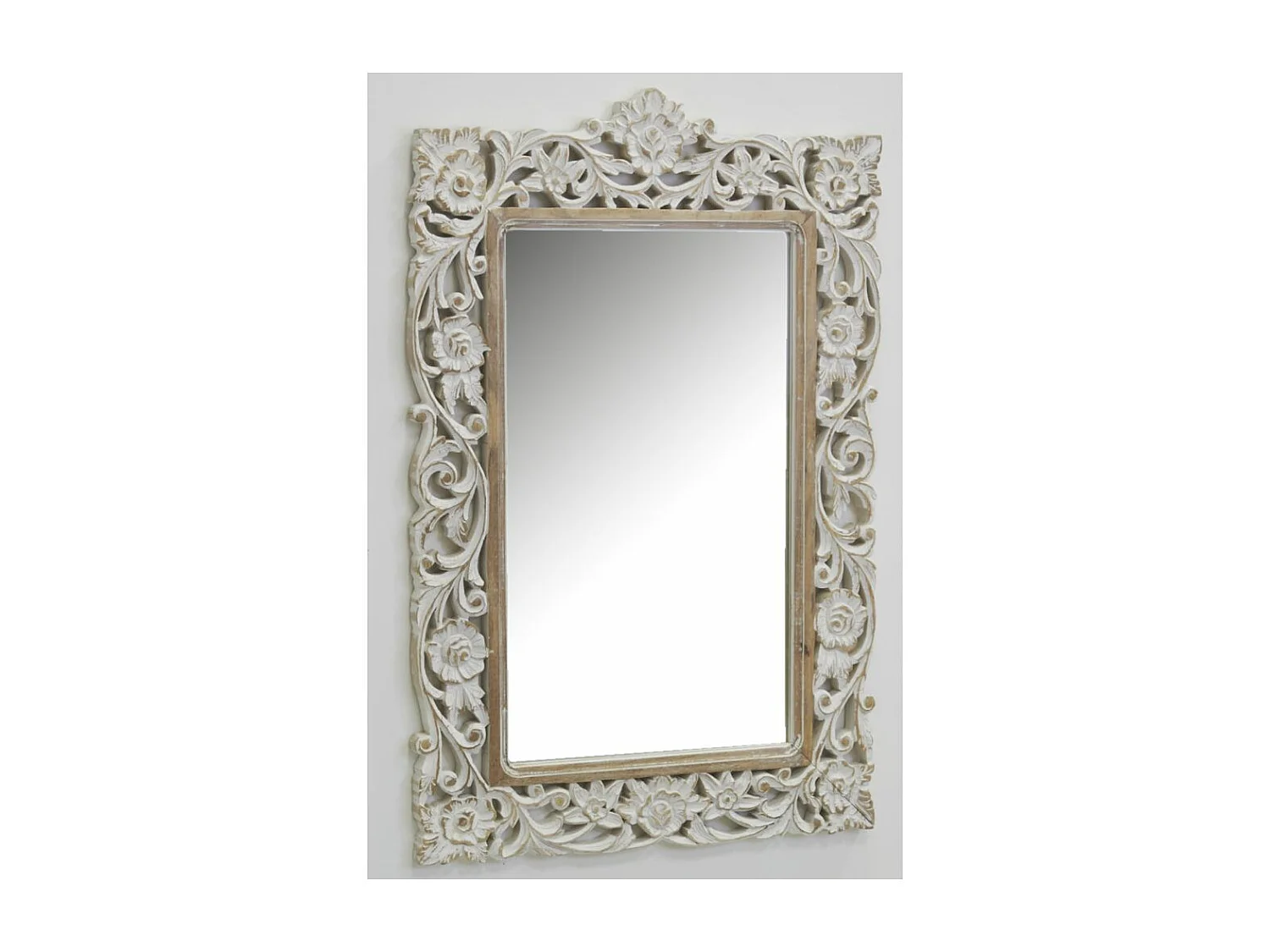 Specchio intagliato in legno di mango sbiancato