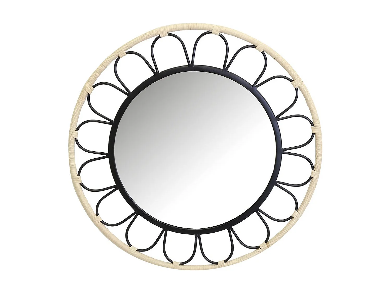 Miroir fleur en métal et rotin