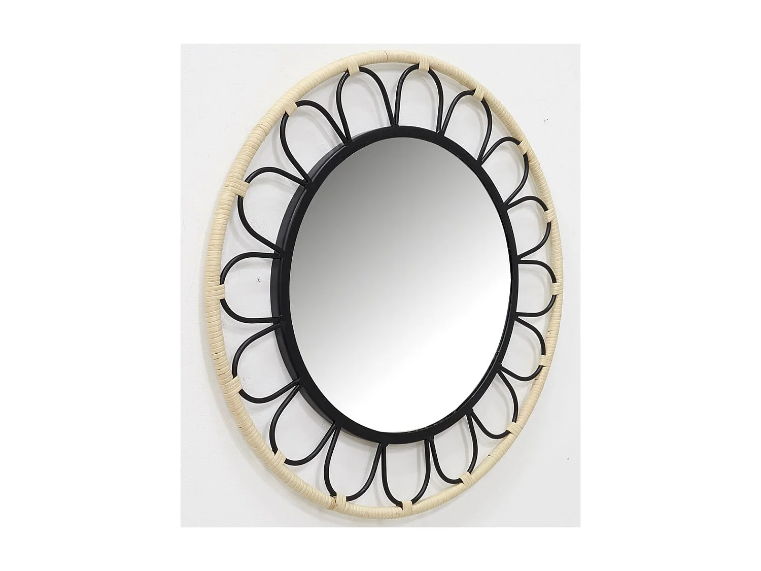 Miroir fleur en métal et rotin