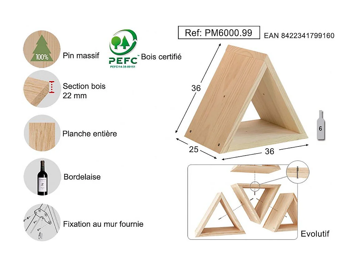 Casier à bouteilles triangulaire en pin Prisma