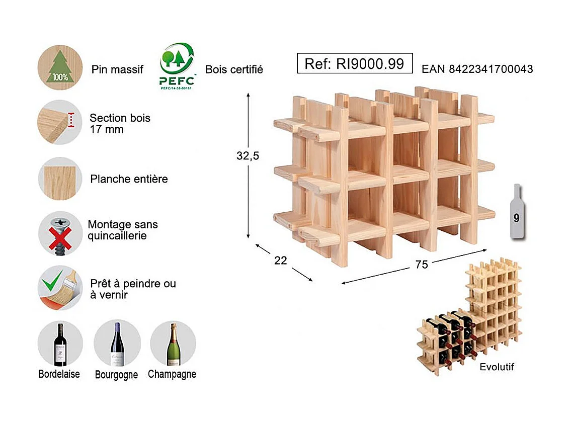 Portabottiglie in pino massiccio 9 bottiglie