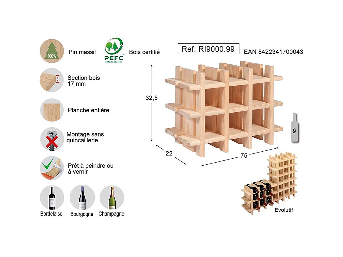 Botellero de pino macizo 9 botellas