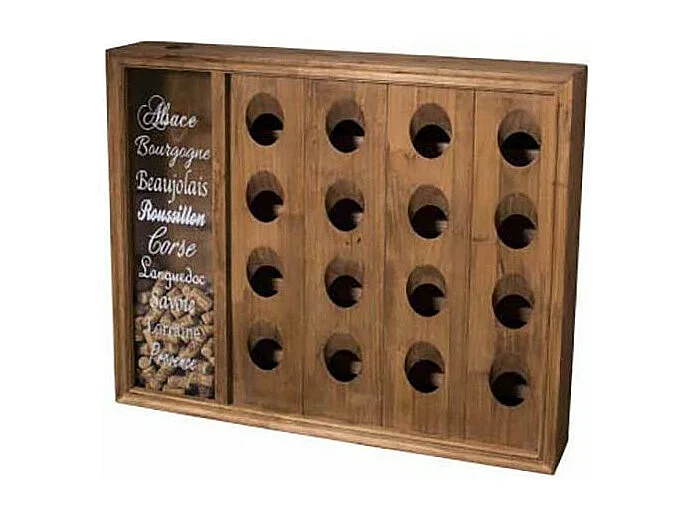 Range bouteilles mural en bois 16 bouteilles avec réserve bouchons