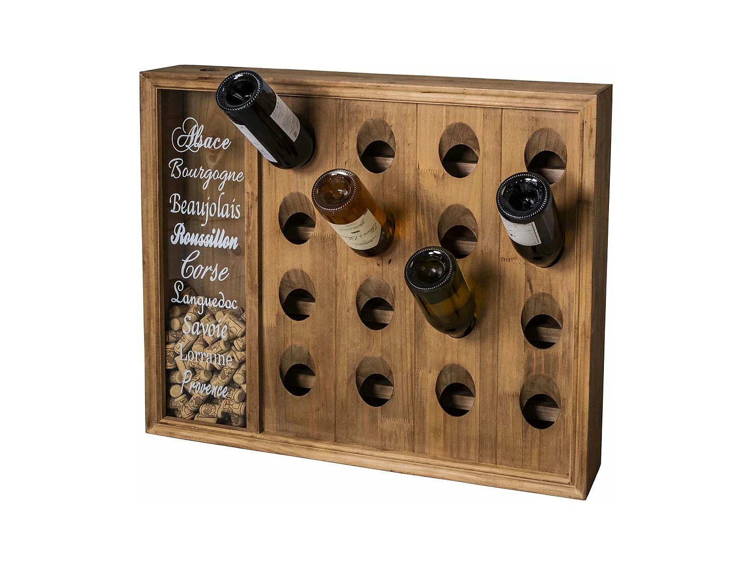 Range bouteilles mural en bois 16 bouteilles avec réserve bouchons