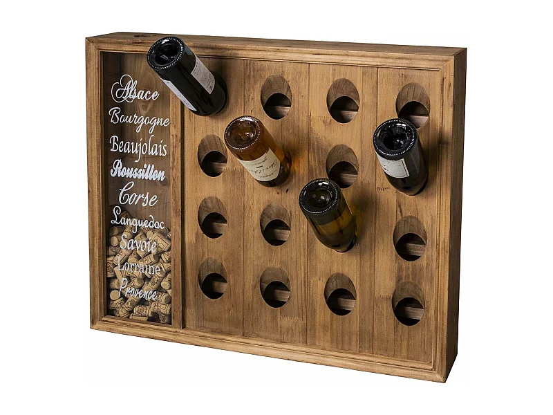 Range bouteilles mural en bois 16 bouteilles avec réserve bouchons